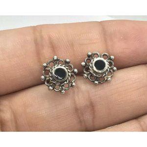Sterling silver 925 onyx stone inlay floral open work stud earrings